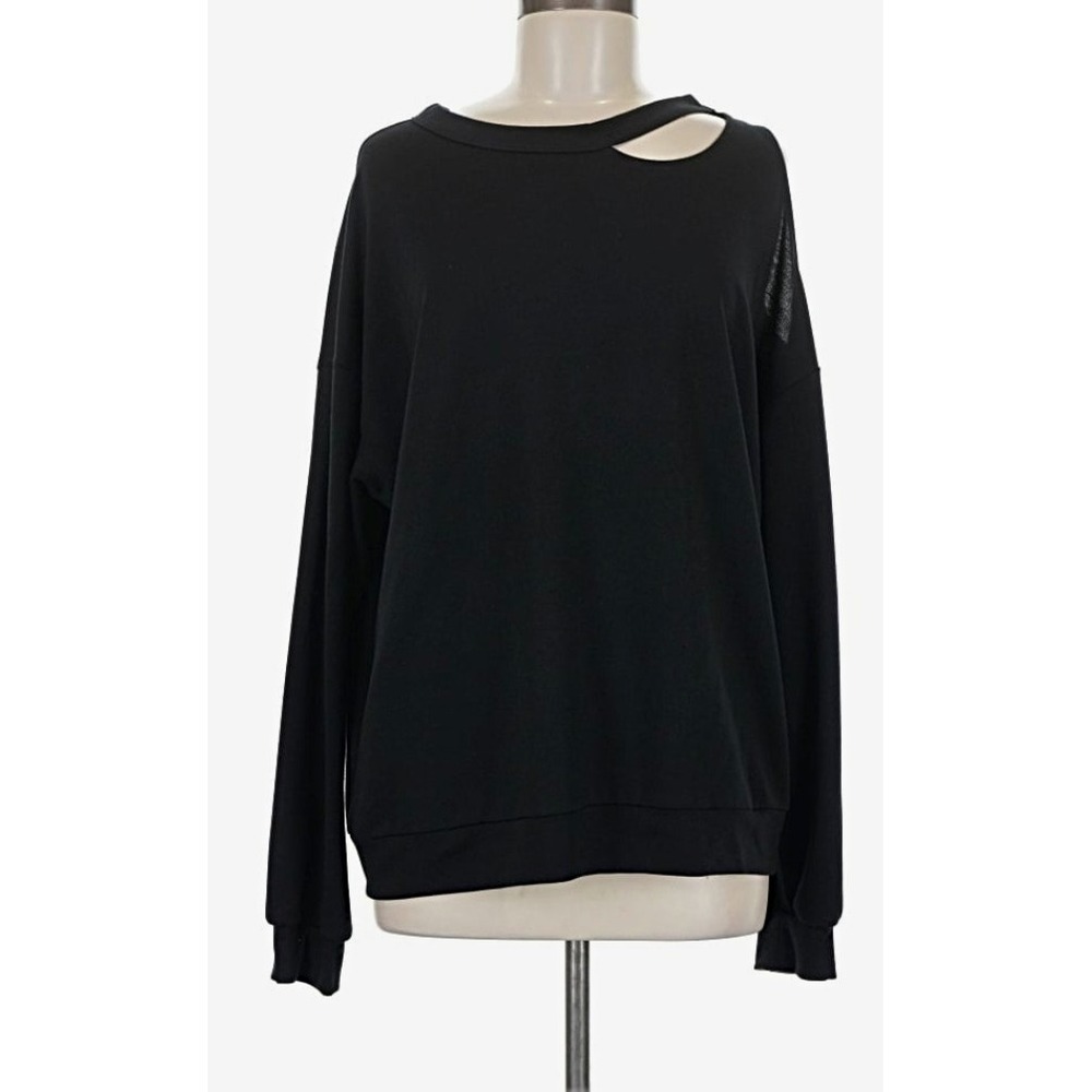 Womens Black Pullover Sweatshirt Cold Shoulder Cut-Out Crew Neck M
